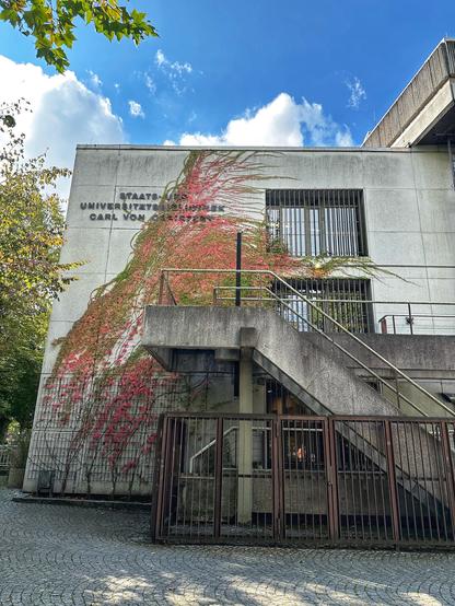 Bild eines modernen Gebäudes mit einer dekorativen Rebe mit roten Blättern, die an der Außenwand klettern. Die Struktur hat eine Treppe und einen geschlossenen Eingang, mit einem klaren blauen Himmel und verstreuten Wolken im Hintergrund. Das Gebäude ist als "Staatsbibliothek" gekennzeichnet