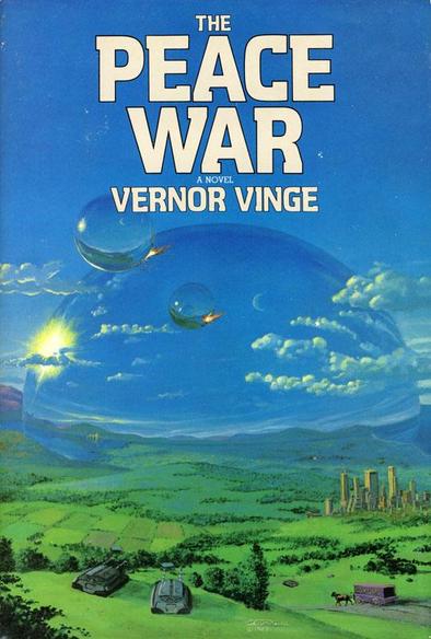 Cover for The Peace War. Tanks approach a massive bubble in a bucolic countryside. There's a city as well and a horse-drawn cart.