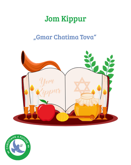 Text: Jom Kippur "Gmar Chatima Tova"
Bild: ein geöffnetes Buch umrundet mit einem Horn, einem Zweig, Kerzen in Ständern, ein Apfel, Honigstab und einem Eimwegglas.
Auf einer Seite steht Yom Kippur und auf der anderen Seite ist ein Davidstern.