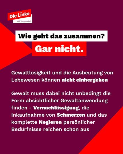 Text auf Slide 2:

Wie geht das zusammen? Gar nicht. Gewaltlosigkeit und die Ausbeutung von Lebewesen können nicht einhergehen 

Gewalt muss dabei nicht unbedingt die Form absichtlicher Gewaltanwendung finden - Vernachlässigung, die Inkaufnahme von Schmerzen und das komplette Negieren persönlicher Bedürfnisse reichen schon aus