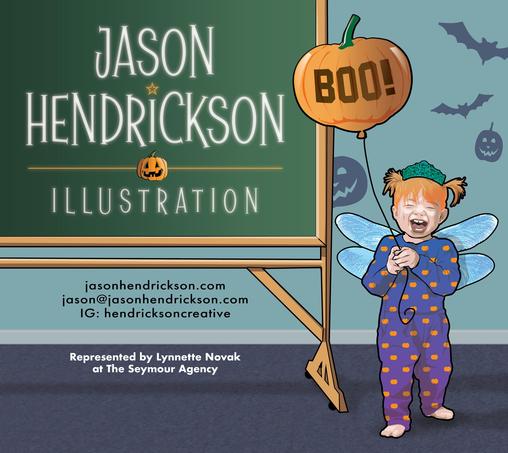 Kid wearing pajamas, fairy wings and a tiara whille holding a pumpkin balloon that says BOO!, stands in front of a chalkboard with my logo on it.