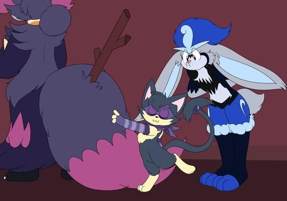 The scene depicting a Purrloin reaching towards a Delphox tail, with a smug gesture. A Cinderace curiously watches the Purrloin pull off her stunt.