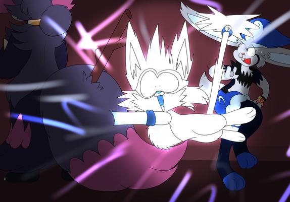 The Purrloin gets electrocuted by something within the Delphox's tail. The Cinderace reacts in shock.