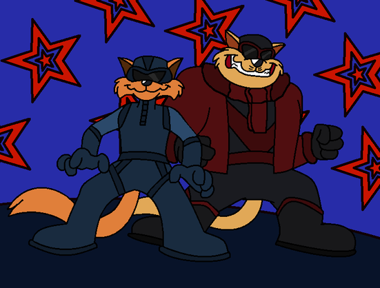 MS Paint drawing of the SWAT Kats, in the pose of their Season 1 opening outfit reveal, with Jake | Razor in a two toned dark blue spy catsuit, with a helmet/visor combo, and Chance | T-Bone in a mainly black suit, with a red V on the torso, with a red aviator jacket and scarf, with a mainly black helmet and red rimmed visor.
Background is dark blue for ground, brighter blue for 'wall', with black lined blue and red stars scattered across the background.