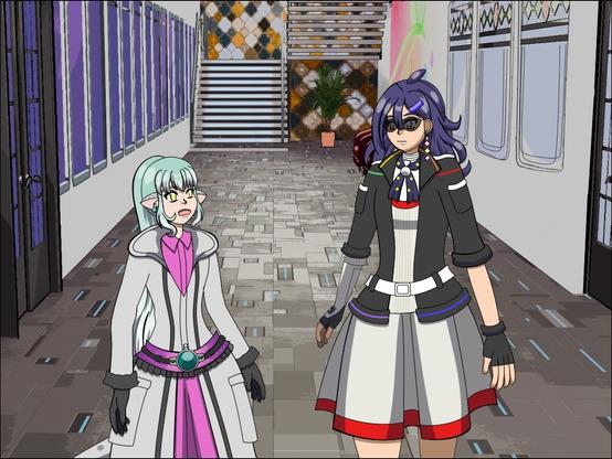 An illustration of Marcia and Antares walking through a hall. Along the left side of the wall are several vertical windows, and a door which leads out to a courtyard. Along the right side is a door to the cafeteria, with 3 windows on each side. The cafeteria windows have a red and green Art Deco-style stained glass decoration along the top. Further in the back along that wall is a colorful mural. Furthest in the background is a staircase, and a patterned accent wall. The accent wall has tiles in several colors while the other walls are white and the floor has gray panelling with glowing blue lines that run in parallel to the panels. 

Marcia is still wearing her Assassin’s Creed II-inspired longcoat over a pink minidress with dark gray leggings. Antares is wearing a Bauhaus-style minidress with sunglasses and a biker jacket.