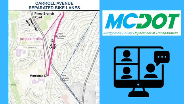 map of carroll avenue separated bike lanes / mcdot logo / online meeting logo