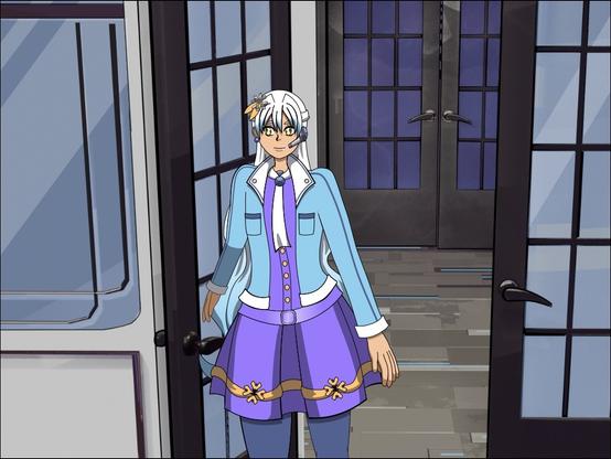 An illustration of Clarkia entering the cafeteria. The cafeteria entrance has a pair of gray doors, and on both sides are rounded windows. The opening of the door shows a glimpse of the hallway, and a wall that has several windows facing the courtyard side (though only the door to the courtyard is visible). Clarkia has long wavy hair with a white to sky blue gradient, has gold eyes, is wearing a purple minidress with orange trim and a white scarf and dark blue leggings. Over her dress, she wears a sky blue and white jacket.