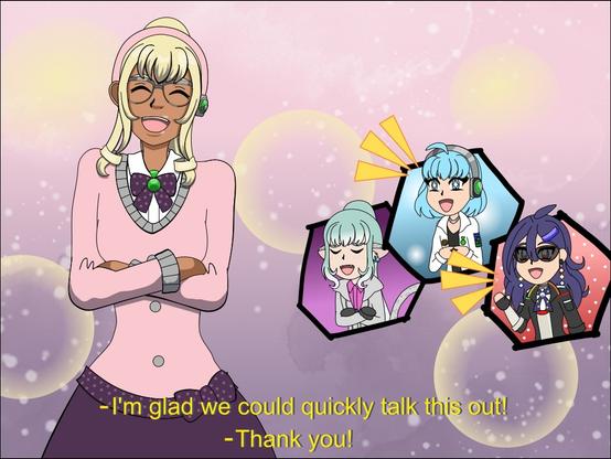 An illustration of Pearl cheerfully posing with her arms folded. The background is abstract with a light pink to purple gradient with light yellow bubbles and faded white polka dots. To the right of her are chibis of Marcia, Fiore and Antares, who are cheering for her. The caption reads “I’m glad we could quickly talk this out!” And below it, it reads “Thank you!”, however the context is that the other three are thanking Pearl for de-escalating an argument they witnessed between two other characters.