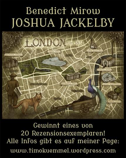 Meine Karte von London zum Roman (Gebäude, ein Zeitungsjunge, ein Hund, ein Pfau auf einem Kohlenkarren) mit dem Hinweis auf die kostenlosen Reziexemplare.