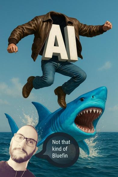 the acronym "AI" anthromorphised in jeans and a leather jacket jumping over a blue shark in water. in the corner is the bust if a man with glasses and a speech bubble reading "not that kind of bluefin"