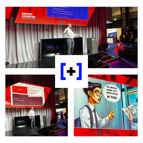 Collage of three photos from the Smart Country Convention 2025 in Berlin: At the top, +Pluswerk CEO Jens Krumm speaks on the Arena Stage, behind him a presentation on the topic of tenders. At the bottom left, another stage shot with a red SCCON stage background. At the bottom right, a comic illustration with a person pointing to an AI tool. In the middle, the +Pluswerk logo.