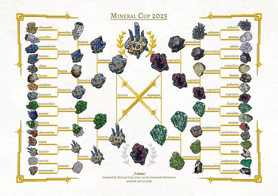 The Mineral Cup 2025 bracket with color drawings of all the minerals. By Fernando Salvaterra on BlueSky(@salvaterra.bsky.social)