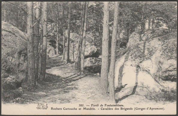 Printed monochrome postcard showing a view of the Rochers Cartouche et Mandrin on the Cavalière des Brigands in the Forest of Fontainebleau in Seine et Marne, France.

Published by Ŧ, Thibault, Fontainebleau, No 385, c.1910.

Postally unused.

Very good condition, with very slight corner bumps.