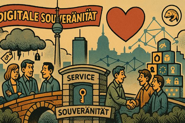 Comic Style: Vor der Berlin-Skyline mit Fernsehturm spannt sich ein Banner „DIGITALE SOUVERÄNITÄT“. Links stehen drei Personen auf einer Steinbrücke unter einer grauen Wolke mit Vorhängeschloss/Preisschild (Abhängigkeit/Kosten). In der Mitte markiert ein Torpfeiler „SERVICE“, darunter ein Schild „SOUVERÄNITÄT“. Rechts reichen sich zwei Personen die Hand; daneben ein gestapelter Blockturm mit Piktogrammen (EU-Sterne, Schlüssel, Schloss, Würfel, Stern) und ein Netz aus verbundenen Knotenpunkten. Oben rechts ein rotes Herz und ein kleines Pangolin-Emblem. Die Szene visualisiert den Weg von geschlossenen, zentralen Diensten hin zu offenen, souveränen Lösungen.