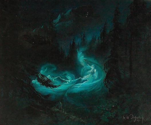 "The Fairy Dance" by Karl Wilhelm Diefenbach. A painting depicting ghostly fairies dancing in the woods.
