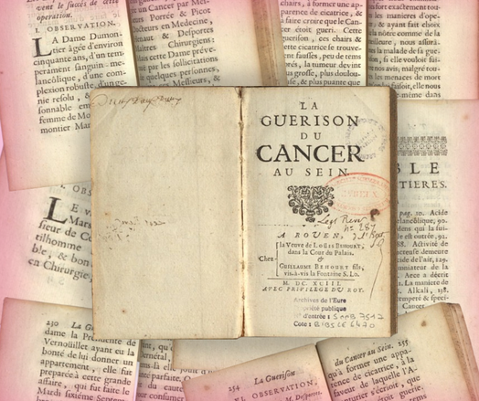 Petit livre imprimé, page de couverture avec le titre en grand "La guérison du cancer au sein". L'édition que l'on conserve aux archives a été imprimée à Rouen.