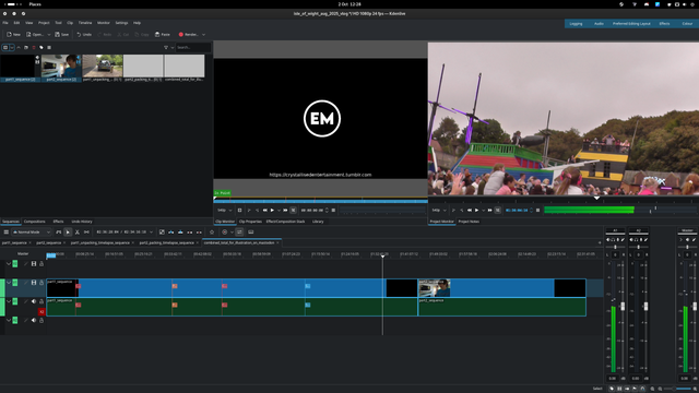 KDENLive 25.08. Showing a timeline with 2 nested sequences containing parts 1 and 2 of the upcoming Isle of Wight vlog I've spent (on and off) 2 months editing. I did this to highlight that the entire vlog (for both parts) is 2 and a half hours long.