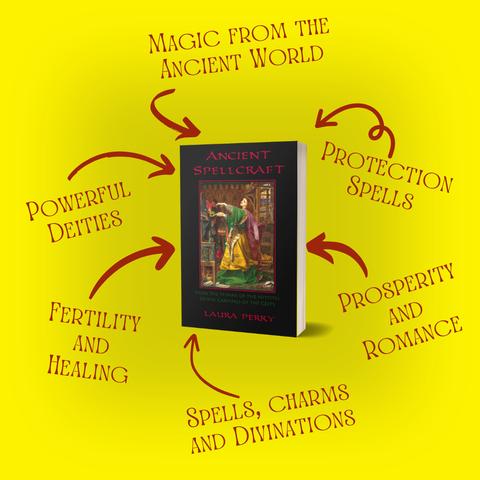 A paperback copy of Ancient Spellcraft by Laura Perry stands in front of a bright yellow background. The book cover is black with red text and features a pre-Raphaelite painting of Morgan Le Fay dramatically casting a spell. The book is surrounded by snippets of text connected to the book by arrows. The text reads, "Magic from the ancient world, Protection spells, Powerful deities, Fertility and Healing, Prosperity and Romance, Spells, charms, and divinations."