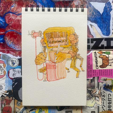 Ilustracion en acuarela en color amarillo de un robot con muchas patas y manos humanas, el robot teje con agujas de tejer mientras del cuerpo del robot salen hilos de colores rojizos