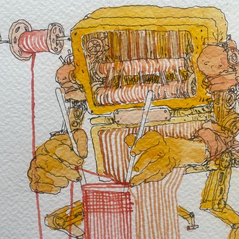 Detalle de la ilustracion, robot con color amarillo en manchones de distintos tonos y linea negra de tinta. El mecanismo muestra varios cilindros con hilos que expulsan hilo que el robot despues teje con sus manos