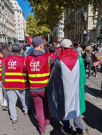 Dans la manifestation, alors qu'il faisait grand beau, des camarades de la cgt UD 69, reconnaissables à leurs chasubles, marchent et discutent côte à côte avec une personne qui porte le drapeau palestinien sur lui, telle une grande cape. Ces personnes sont vues de dos, la photo est prise derrière eux. On voit l'ensemble de la foule de dos également devant eux et on imagine une foule derrière l'objectif aussi. Toutes les personnes vont dans la même direction. L'action se déroule dans une rue de Lyon, parcours prévu pour la manifestation.
