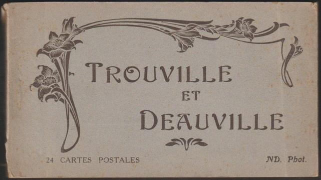 Booklet, album or carnet, with 24 printed monochrome postcards of Trouville and Deauville in Calvados, France. Includes ND 511, ND 571, ND 93, ND 583, ND 862, ND 888, ND 833, ND 516, ND 533, ND 491, ND 509 and ND 8 of Trouville-sur-Mer and ND 893, ND 477, ND 473, ND 879, ND 877, ND 766, ND 722, ND 736, ND 898, ND 875 and ND 872 of Deauville-La-Plage-Fleurie (see photos for most).

Published by Neurdein et Cie, Paris, ND Phot, c.1910.

Postally unused.

Very good condition, with extremely slight corner bumps, with rice paper between most cards, but crease to the right side of the cover. The last card has detached from the main body, but is still held on by the paper of spine (see penultimate photo). All cards are very good, but a slight bump to the top right corner of the first card.