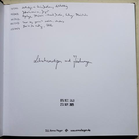 Deckblatt mit Datumstempel 5.Dez.2021, 23.Sep.2025, unleserlichem Text und dem Schriftzug: Notizen und Zeichnungen.
