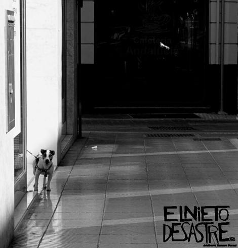 Fotografía de un perrito en una puerta de una tienda esperando a su dueño