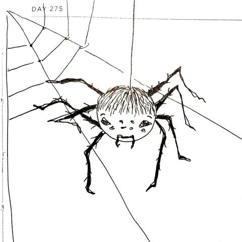 Quicksketch of a Spider with human-like face weaving it‘s web