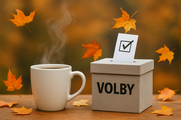 hrnek s kávou a volební urna, a pozadí padající listí