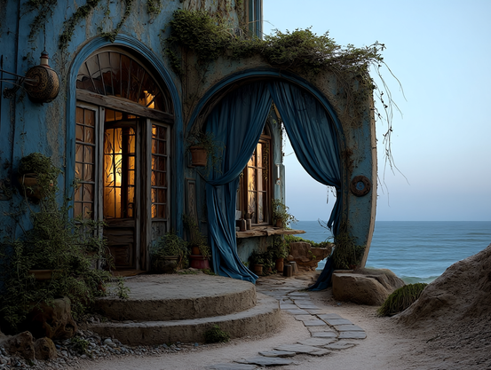 A rustic seaside mansion repurposed as a museum, with arched wooden doors, blue draped curtains, and plants growing along its weathered walls. The front door is open, revealing a warmly lit and mysterious interior.