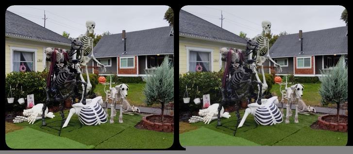 From a different angle: a skeletal headless horseman, a partly assembled giant skeleton emerging from the ground, a giant standing skeleton, and a pair of giant dog and cat skeletons. . All in front of a suburban house. Stereoscopic.
