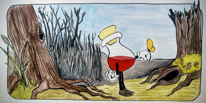 A wide comic panel of a red potion hero, a yellow butterfly in an autumn colored scene of a tree, a stump, and brambles.