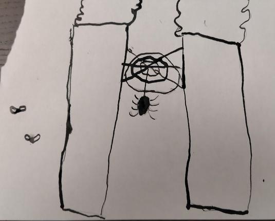 Dessin à l'encre noire représentant deux arbres avec au milieu une araignée qui est en train de tisser sa toile. Et deux mouches qui volent.