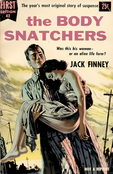 The Body Snatchers by Jack Finney presents a dramatic pulp-style illustration against a pale cream background. At the center, a man in a wrinkled green shirt and striped pants stands in a tense, rigid pose, holding an unconscious or lifeless woman in his arms. His expression is grim, his gaze lifted upward as if searching the sky or facing an unseen threat. The woman, clad in a white dress, hangs limply, her dark hair cascading over his arm, her head tilted back to expose her neck and face in shadow. Her legs and arms dangle, emphasizing vulnerability and helplessness. The background shows a cloudy, ominous sky streaked with pale green and gray, with a series of telephone poles receding into the distance, reinforcing a small-town or suburban American setting.
Typography dominates the upper half. The title, the BODY SNATCHERS, is printed in large bold letters, “the” in lowercase black, while “BODY SNATCHERS” is in uppercase magenta, commanding immediate attention. Above the title, a tagline reads: “The year’s most original story of suspense,” suggesting novelty and intensity. Below, in smaller italicized black text: “Was this his woman—or an alien life form?” directly introduces the novel’s theme of paranoia and identity. The author’s name, JACK FINNEY, is positioned to the right in bold black capitals. In the top left corner, a purple badge reads “FIRST EDITION 42,” and in the opposite corner the price “25¢” is printed inside a red circle.