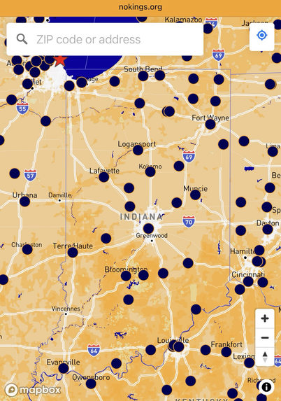 Map showing locations of the “No Kings 2.0” protests to be held in Indiana on Saturday, October 18th, 2025.