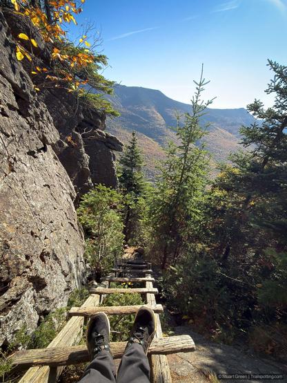 a steep mountain forest with a rocky cliff and wooden ladder descending into the valley; hiking boots visible at the bottom edge, overlooking evergreen slopes and a clear blue sky.