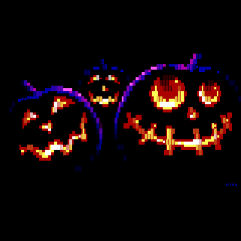 Three jack 'o lanterns (pumpkins carved with faces) glow in the darkness with friendly, silly faces carved into them, illuminated by candles positioned within their hollowed shells.