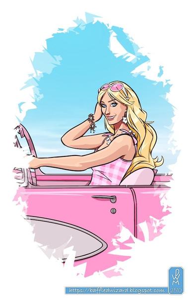 A drawing of the character Barbie, played by Margot Robbie in the film of the same name. Barbie is a woman with long blonde hair, blue eyes and pale skin. She's dressed in a check-pattern pink dress and is looking towards the viewer while sitting in a bright pink convertible. She has a pair of sunglasses with pink-tinted lenses and a white frame slid back over her head. The sky is clear and blue behind her.