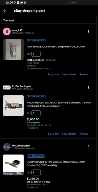 eBay cart showing three options for lab network update consideration, CX7, BF2, CX6.
