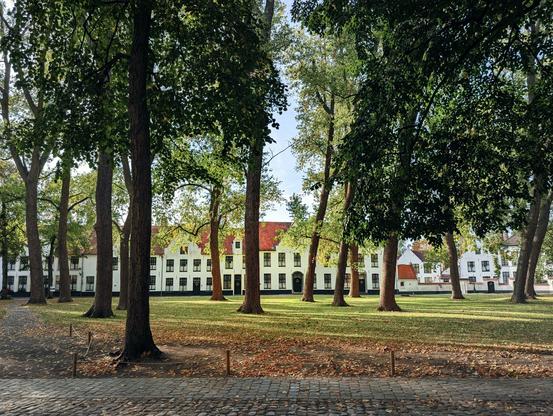 1. Farbaufnahme von 2025: Der Beginenhof heute, mit hochgewachsenen alten Bäumen, Kopfsteinpflaster und weiß getünchten Häusern. Foto by Johann Seidl, Gartenpoet.