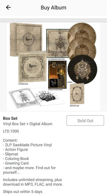 A screenshot of Igorrr's latest album box set from Bandcamp, featuring sawblade vinyl, an action figure, slipmat, colouring book, greeting card, and more.