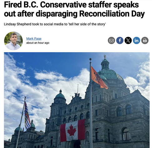 A screenshot of the article shows the headline:
Fired B.C. Conservative staffer speaks out after disparaging Reconciliation Day

Lindsay Shepherd took to social media to 'tell her side of the story'
Mark Page