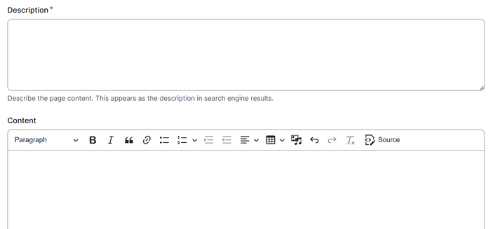 Drupal edit form showing a pain text Description field above a WYSIWYG content field. The description field has the help text "Describe the page content. This appears as the description in search engine results."