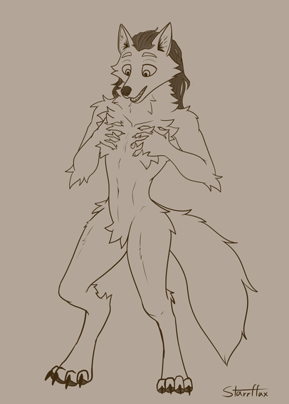 Dalian as a wolf is now a big floofy werewolf and admiring their floof chest.