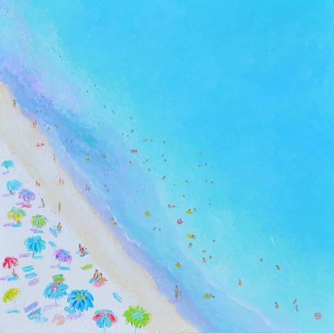 An impressionist beach painting with colourful umbrellas and people sun baking and strolling. The ocean is a bright turquoise blue and is crowded with people swimming.