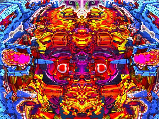 liquid glowing red-ornage mandelbulb mengerSMT cube arrangements on blue-white
