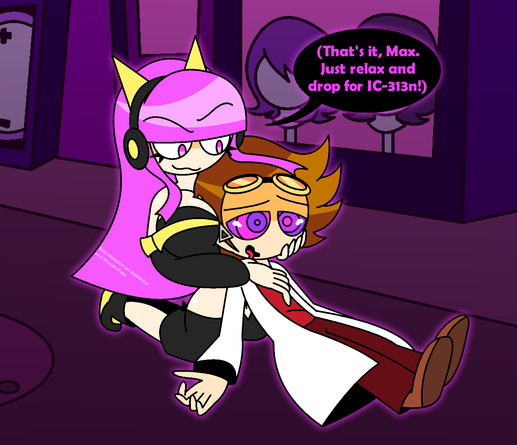 IC-313n holding an aged up, hypnotized Max, who's limp in her arms as his head rests in her bosom. IC-313n tells him "(That's it, Max. Just relax and drop for IC-313n!)"