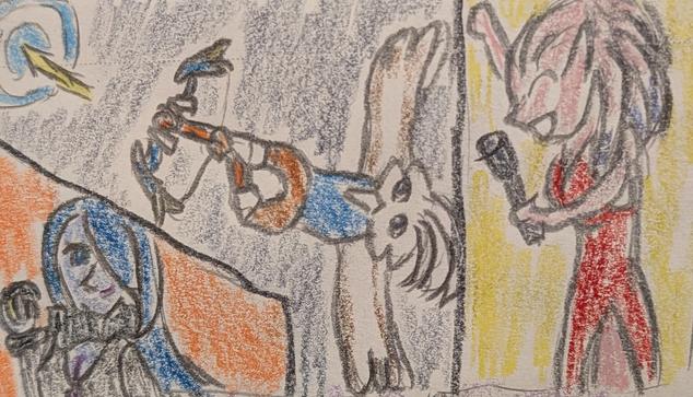 Color pencil drawing of three characters. At center, Tulin, a Rito man from The Legend of Zelda Breath of the Wild, shoots an arrow at a target. On the right, Ayame Alba, a Mikkian woman from Star Wars, sings a song. On the left, Azusa Riyo, a Pantoran woman from Star Wars, dresses as Cynthia from Pokemon and holds up a Pokeball.