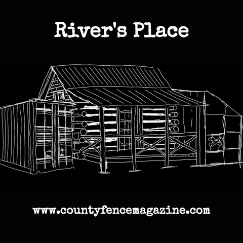 Title cart for ‘River’s Place,’ by art editor Walter Liu. White on black drawing of a ramshackle log cabin with a shipping container addition and greenhouse made of old screen doors.